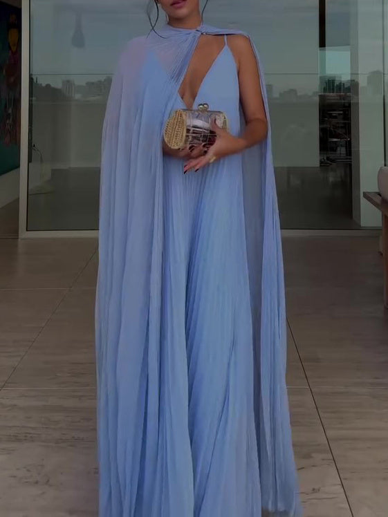 Light Blue Pleated Maxi Dress & Cape Two-piece Set