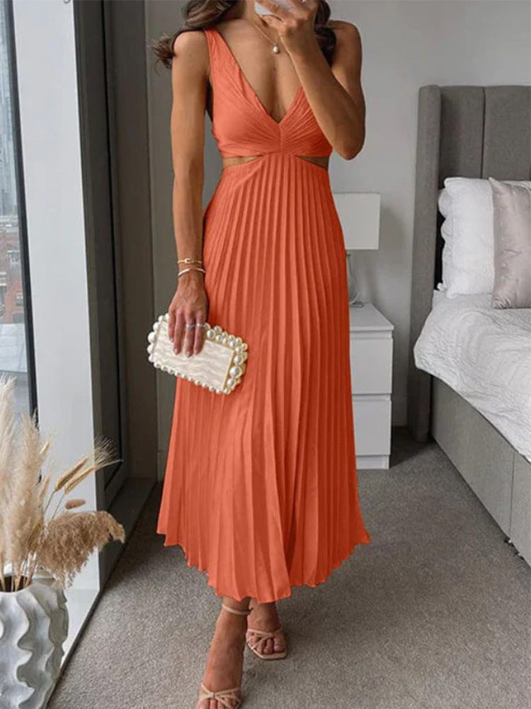 Ins Suspender Pleated Long Dress With Hollow-waisted Design Fashion V-neck Backless Dresses Summer Women's Clothing