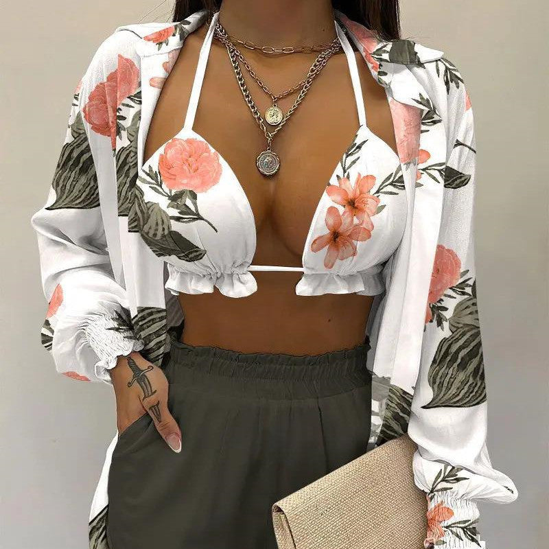 3pcs Print Beach Suits Wtih Lapel Long Sleeve Shirt Sexy Bra And Elastic Shorts Fashion Printed Set Clothing For Women