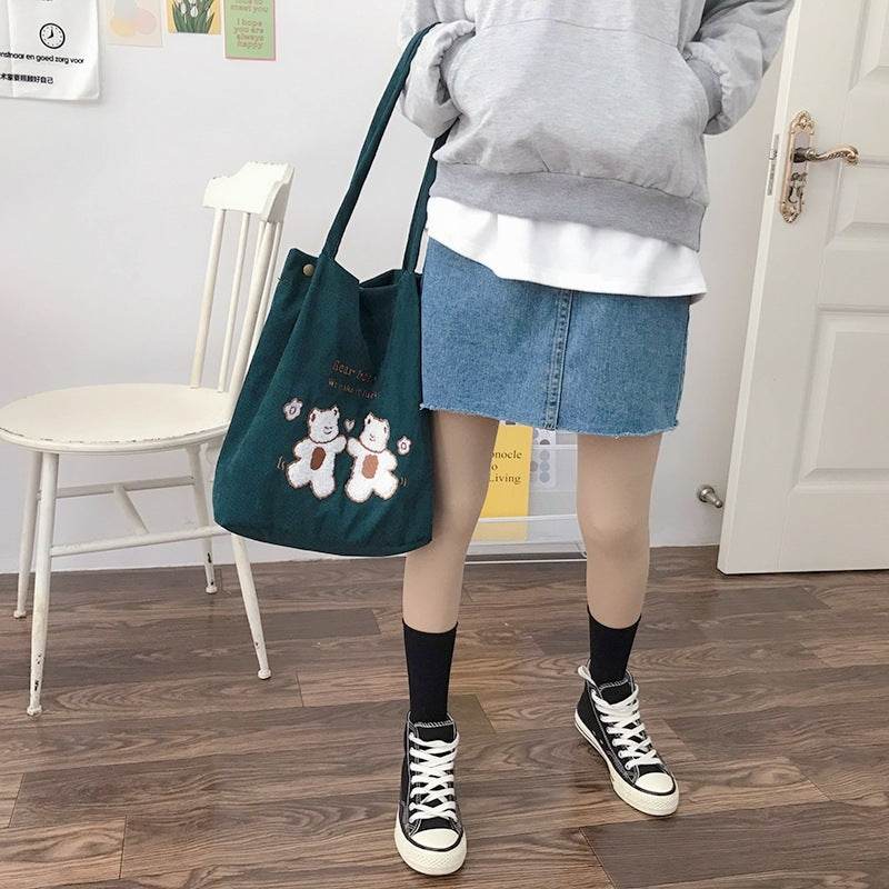 Women Corduroy Shoulder Bag Lucky Bears Embroidery Striped Canvas Handbag Eco Cloth Tote Cute Soft Shopping Bags For Ladies