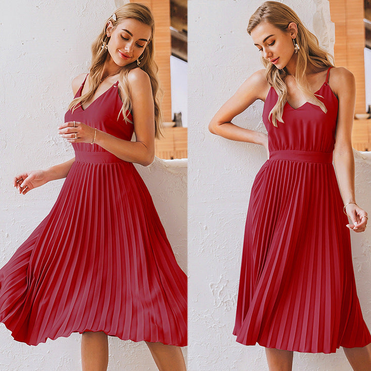 Spring And Summer New Style Sling V-Neck Pleated Dress Princess Dress Multicolor