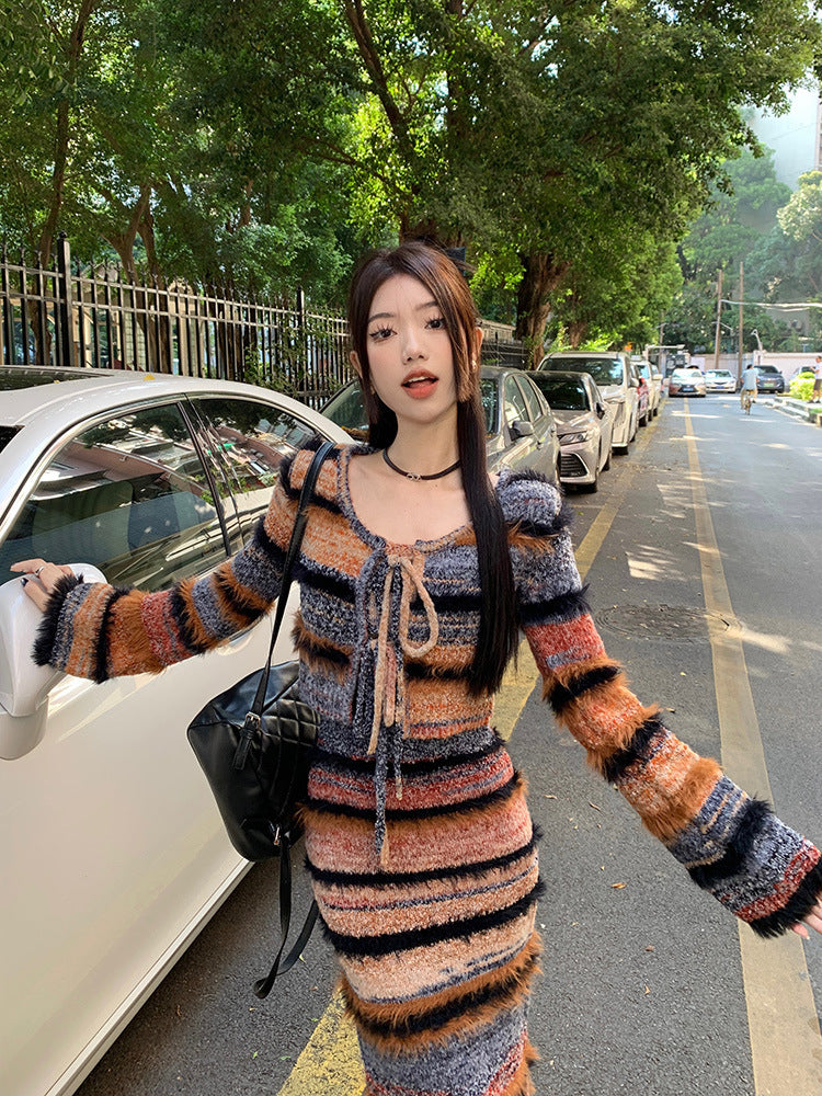 Wear Gradient Cardigan Sweater Coat Women's Long Knit Halter Dress Fashion Suit