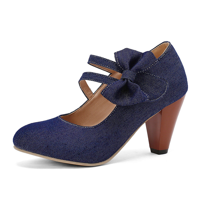 Round Toe High Heels Denim Bow