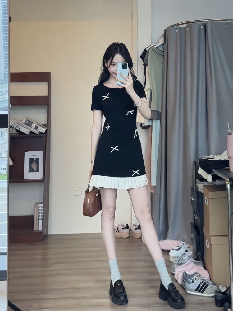 Stitching Contrast Color Bow Sleeveless Dress