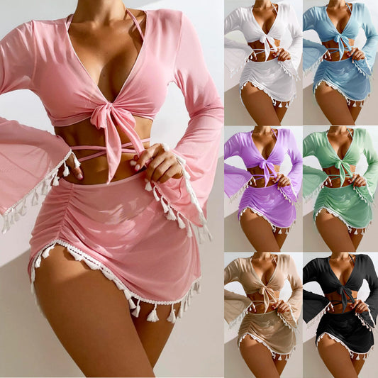 New European And American Conservative Four-piece Solid Color Tassel Blouse Mesh Skirt Bikini Swimsuit For Women