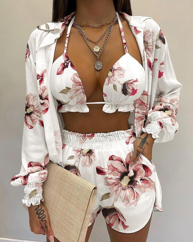 3pcs Print Beach Suits Wtih Lapel Long Sleeve Shirt Sexy Bra And Elastic Shorts Fashion Printed Set Clothing For Women