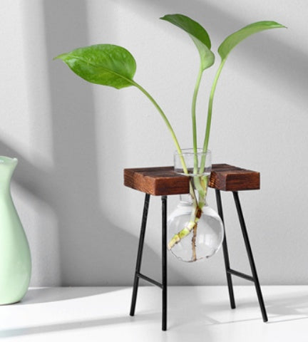 Glass Wood Vase Table Desktop Hydroponics Plant Stationery Bonsai Flower Pot Decoration Hanging Pots with Wooden Tray Pen Holder