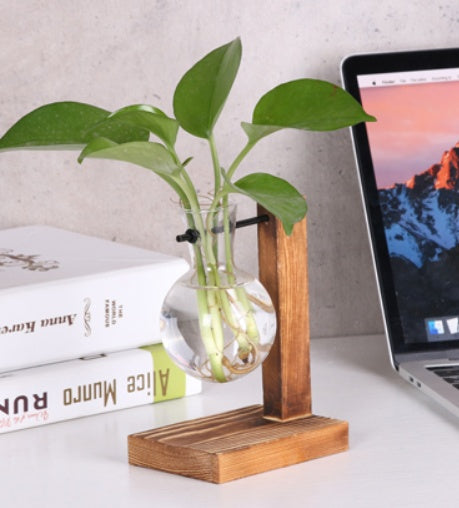 Glass Wood Vase Table Desktop Hydroponics Plant Stationery Bonsai Flower Pot Decoration Hanging Pots with Wooden Tray Pen Holder