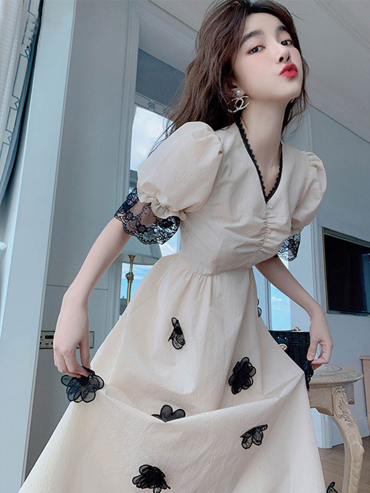 Light Luxury Temperament Puff Sleeve Dress Women New V-neck French Princess Dress Summer Slim Long Skirt