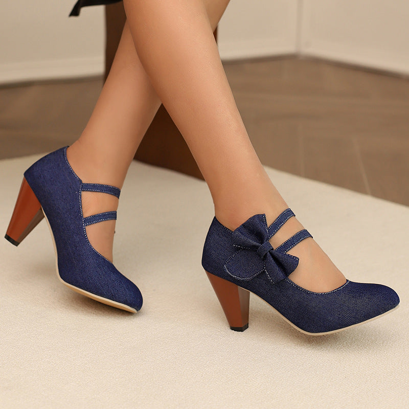 Round Toe High Heels Denim Bow