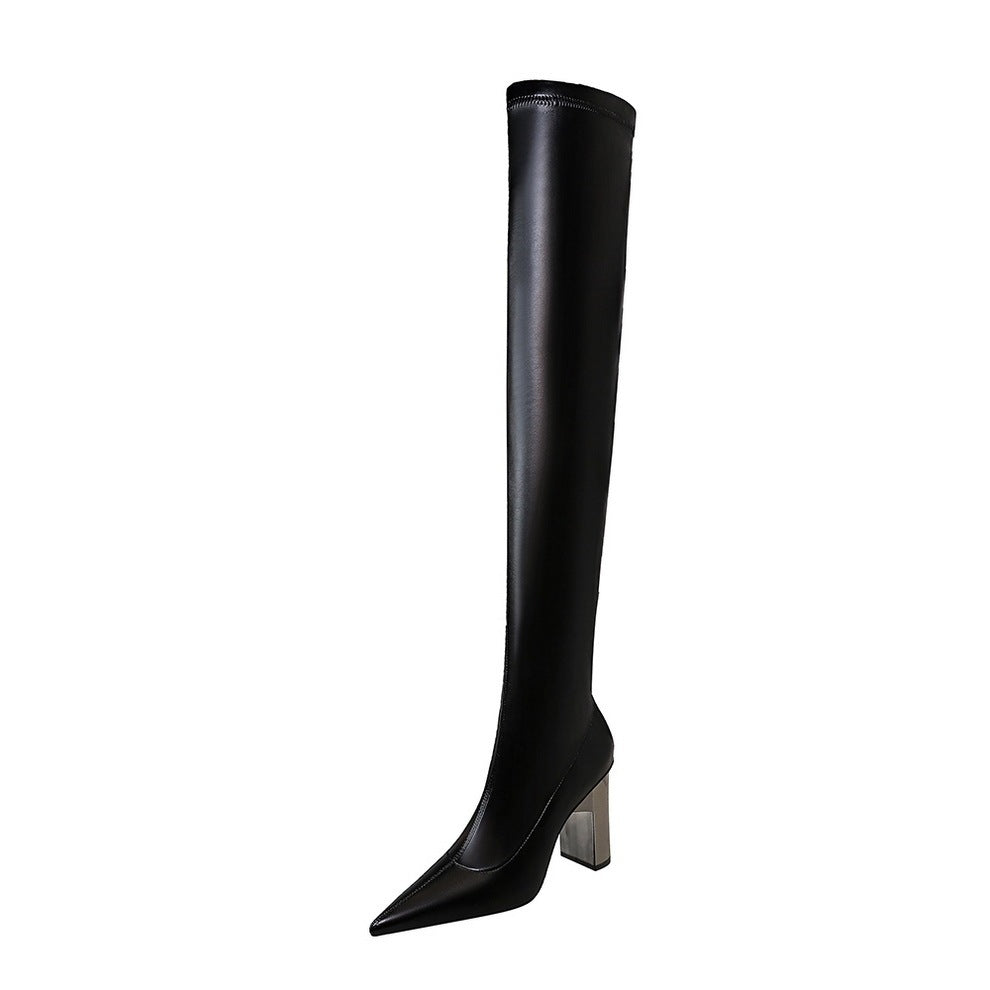 Women Thigh High Shoes  Pointed Toe  Over Knee Boots Square Heels