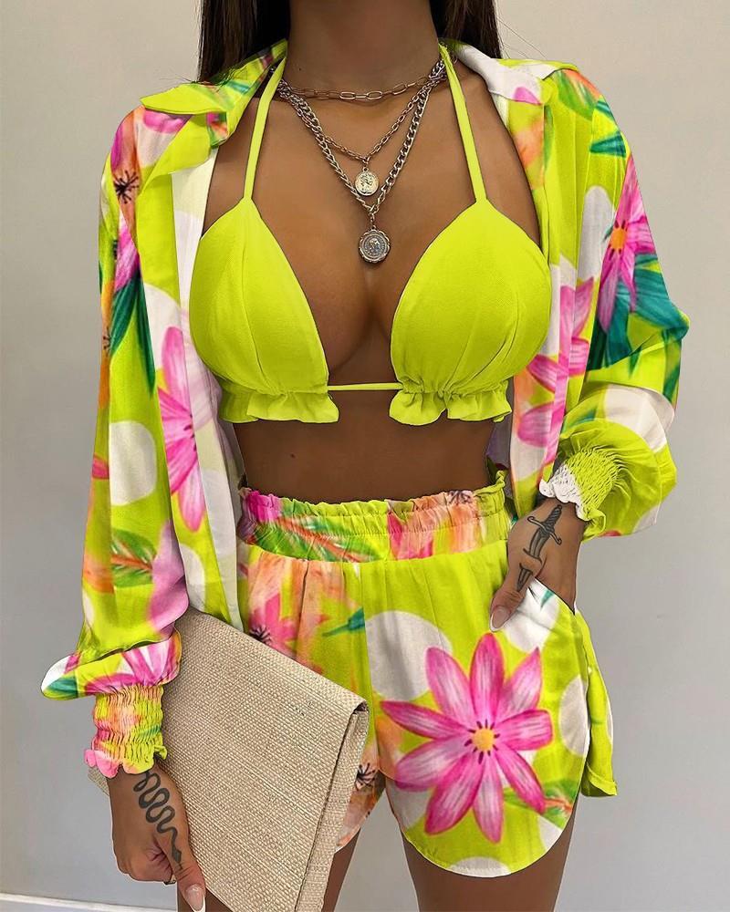 3pcs Print Beach Suits Wtih Lapel Long Sleeve Shirt Sexy Bra And Elastic Shorts Fashion Printed Set Clothing For Women