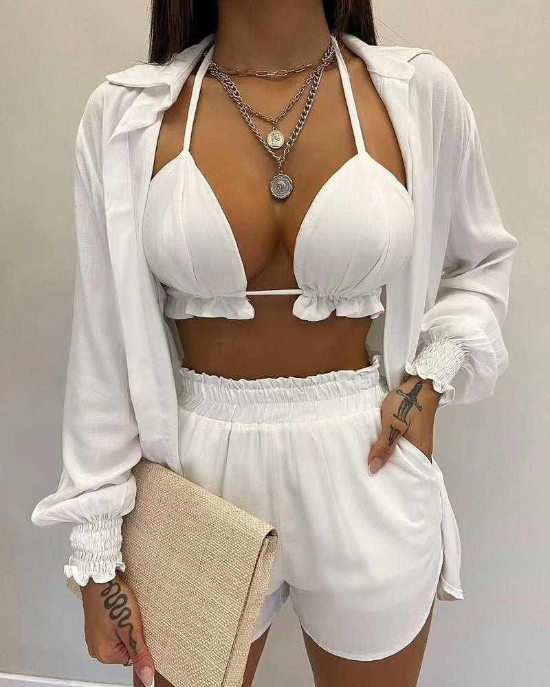 3pcs Print Beach Suits Wtih Lapel Long Sleeve Shirt Sexy Bra And Elastic Shorts Fashion Printed Set Clothing For Women