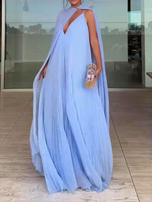 Light Blue Pleated Maxi Dress & Cape Two-piece Set