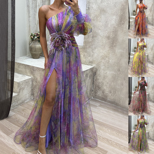 Mesh Tie-dye Printed Off-shoulder Slit Dress Summer INS Fashion Long Dress Party Womens Clothing