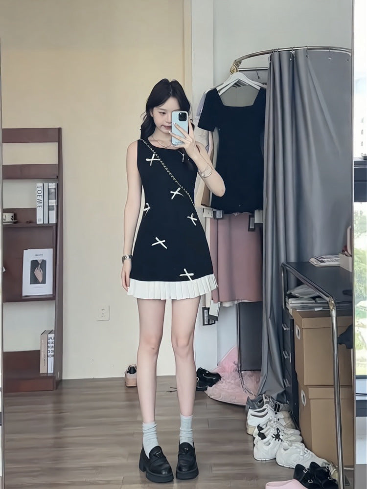 Stitching Contrast Color Bow Sleeveless Dress