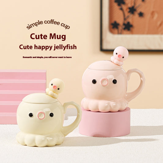 Adorkable Jellyfish Mug Ceramic Cup Children's Birthday Gift Coffee Cup With Cover Spoon Kitchen Gadgets