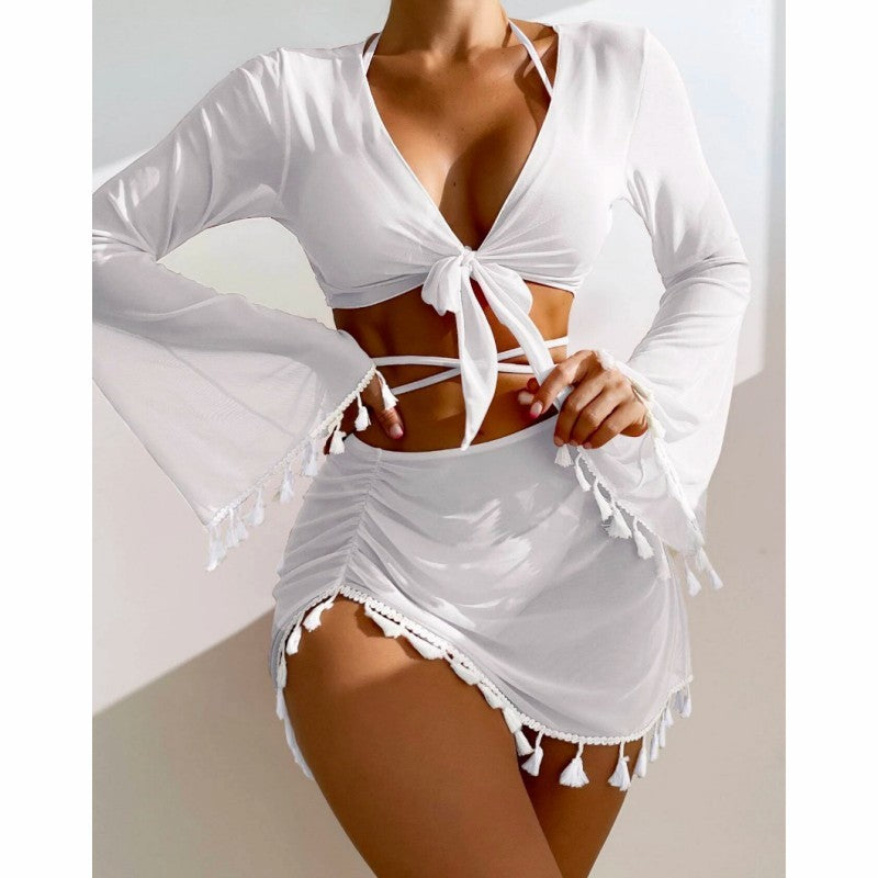 New European And American Conservative Four-piece Solid Color Tassel Blouse Mesh Skirt Bikini Swimsuit For Women