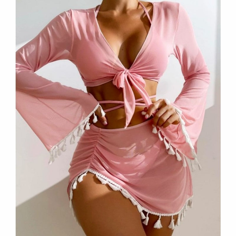 New European And American Conservative Four-piece Solid Color Tassel Blouse Mesh Skirt Bikini Swimsuit For Women