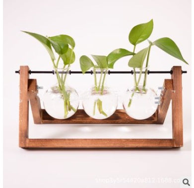 Glass Wood Vase Table Desktop Hydroponics Plant Stationery Bonsai Flower Pot Decoration Hanging Pots with Wooden Tray Pen Holder