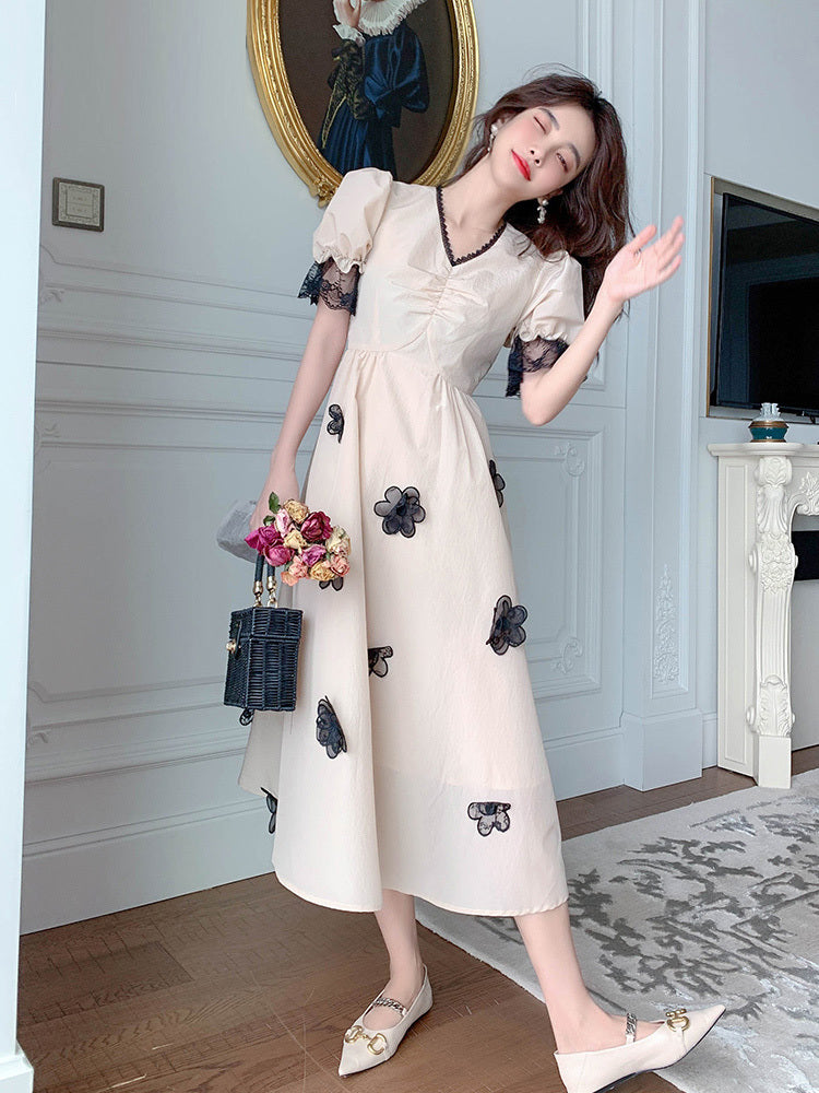 Light Luxury Temperament Puff Sleeve Dress Women New V-neck French Princess Dress Summer Slim Long Skirt