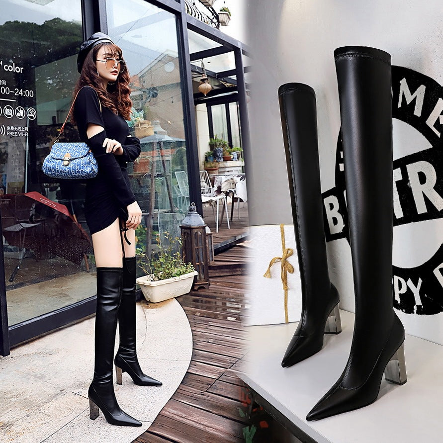 Women Thigh High Shoes  Pointed Toe  Over Knee Boots Square Heels