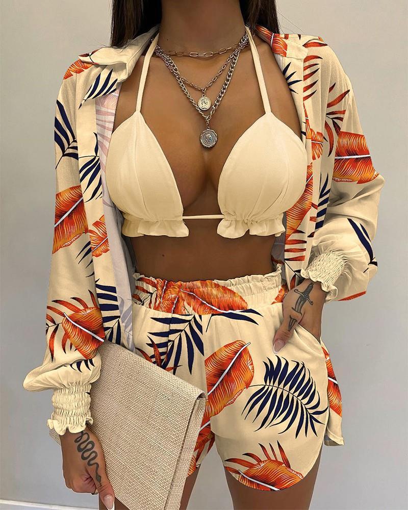 3pcs Print Beach Suits Wtih Lapel Long Sleeve Shirt Sexy Bra And Elastic Shorts Fashion Printed Set Clothing For Women