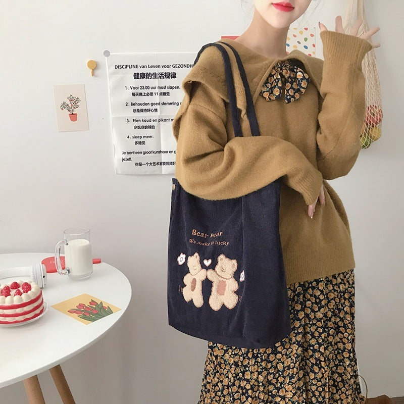 Women Corduroy Shoulder Bag Lucky Bears Embroidery Striped Canvas Handbag Eco Cloth Tote Cute Soft Shopping Bags For Ladies