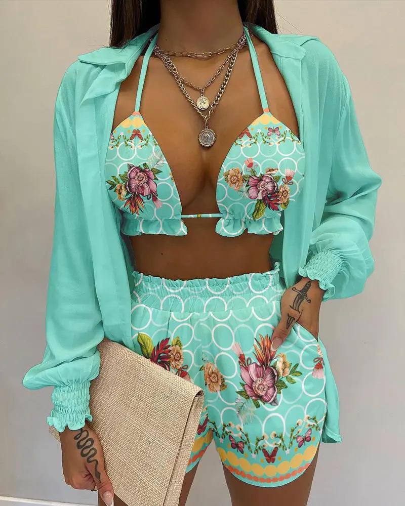 3pcs Print Beach Suits Wtih Lapel Long Sleeve Shirt Sexy Bra And Elastic Shorts Fashion Printed Set Clothing For Women