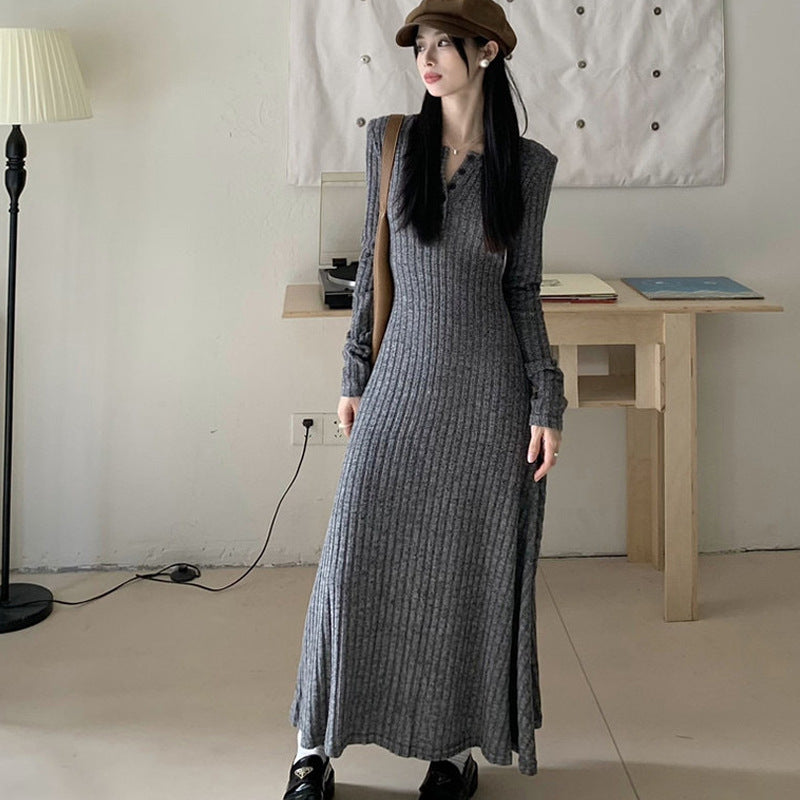 Women's Retro Design Knitted Long-sleeved Waist Three-color Dress