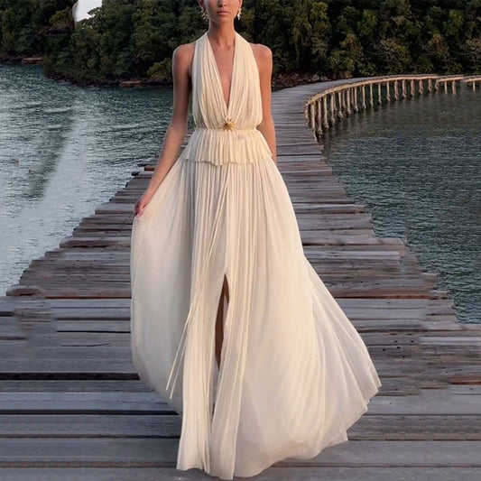 New Sexy Deep V Pleated Chiffon Dress Two-piece Suit