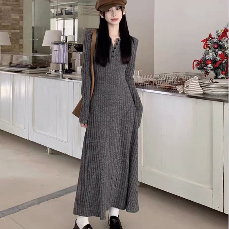 Women's Retro Design Knitted Long-sleeved Waist Three-color Dress