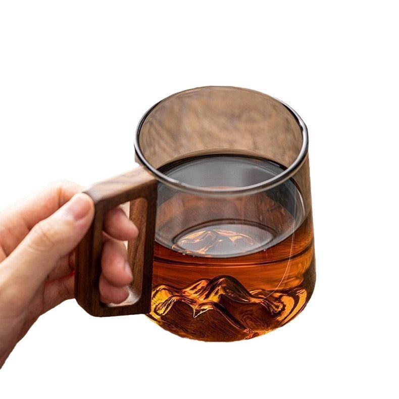 Guanshan Glass Single-layer Side Wooden Handle Drinking Cups Household Large-capacity Milk Tea Juice Single-layer Cup Kitchen Gadgets