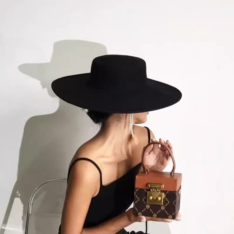 Flat Top Woolen Hat Big Brim Fedora Hat Hepburn Style