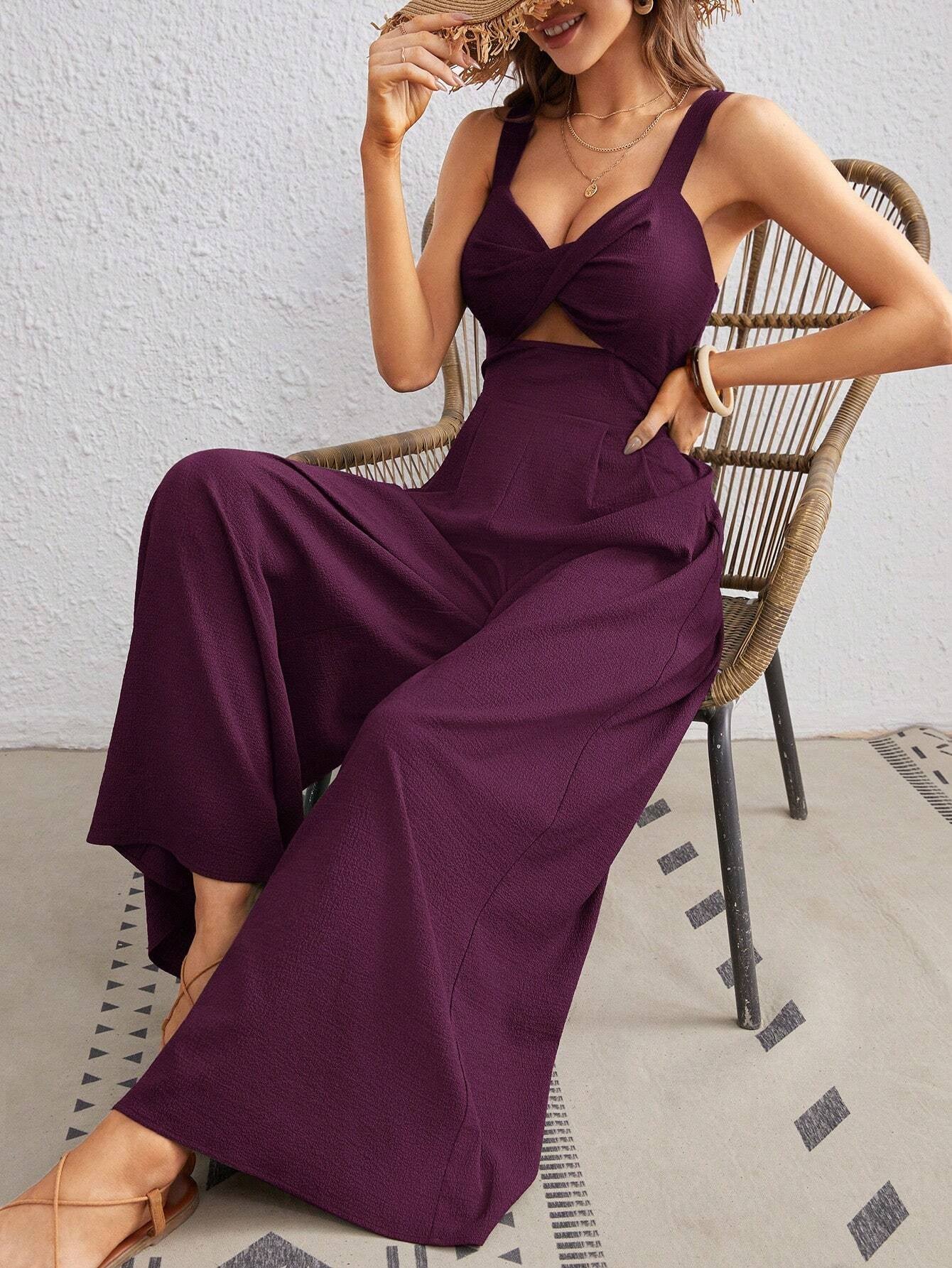 Women's Solid Color Loose Overall One Piece Summer Beach Jumpsuit With Spaghetti Straps