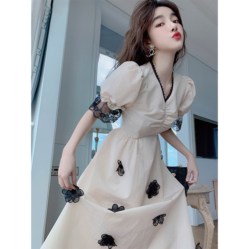 Light Luxury Temperament Puff Sleeve Dress Women New V-neck French Princess Dress Summer Slim Long Skirt