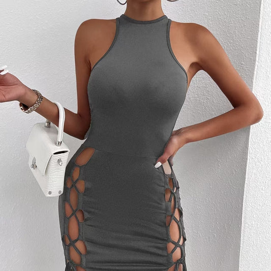 Women's Solid Color Sleeveless Skirt With Slit And Cross Tie, Sexy Tight Fitting Hip Hugging Dress, Short Skirt