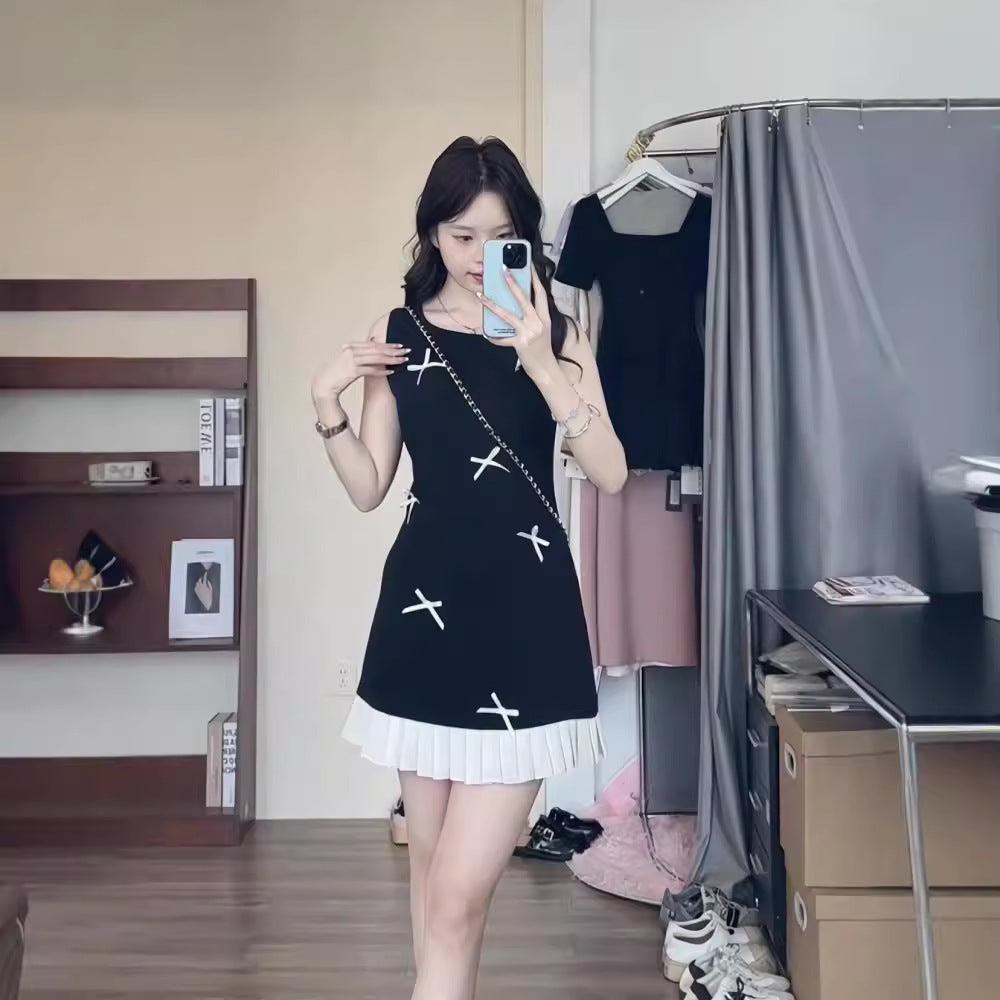 Stitching Contrast Color Bow Sleeveless Dress