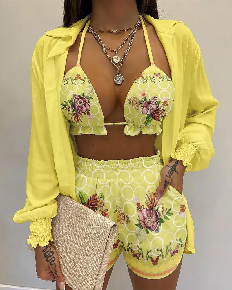 3pcs Print Beach Suits Wtih Lapel Long Sleeve Shirt Sexy Bra And Elastic Shorts Fashion Printed Set Clothing For Women