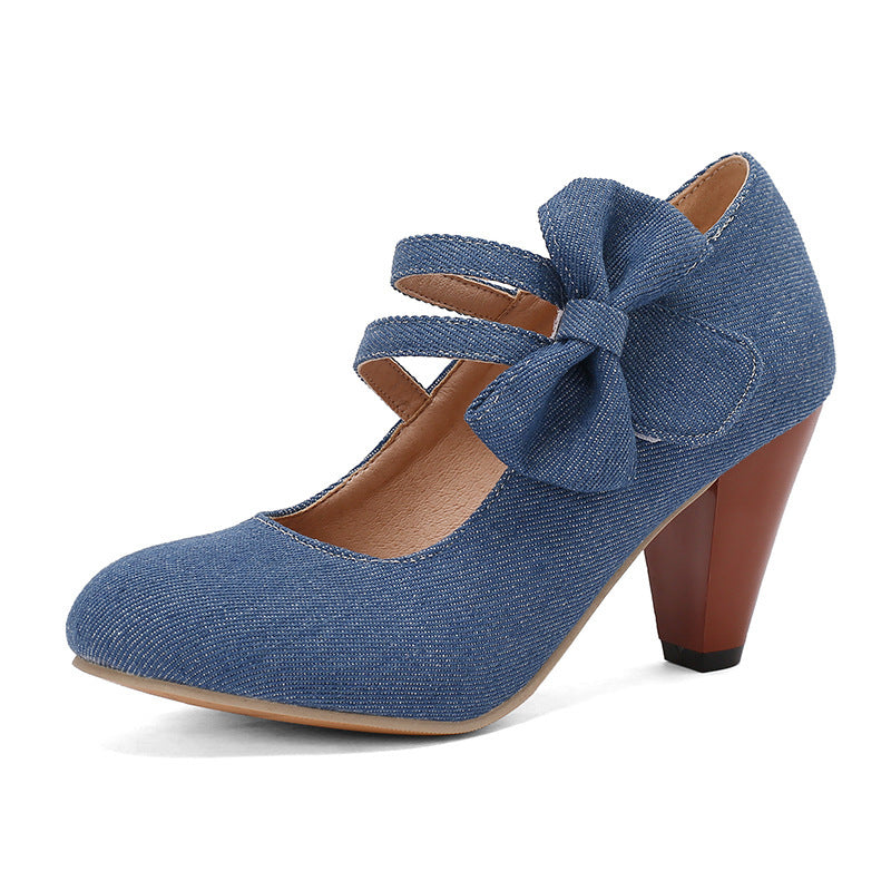 Round Toe High Heels Denim Bow