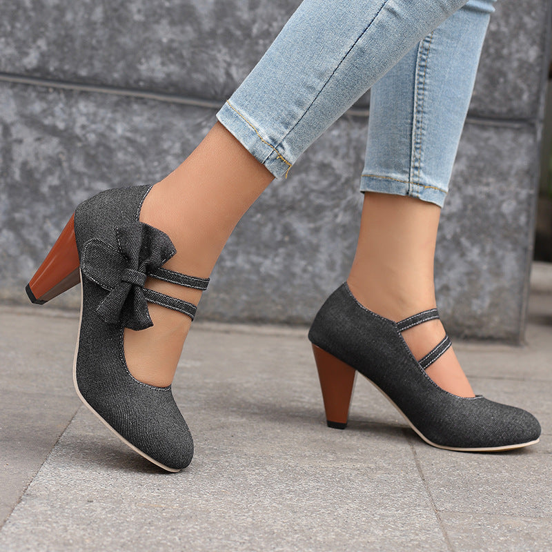 Round Toe High Heels Denim Bow