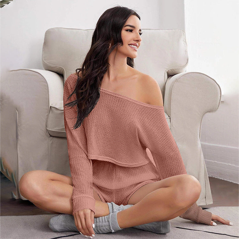 Pajamas Off-shoulder Top Shorts Breathable Waffle Casual Homewear Suit