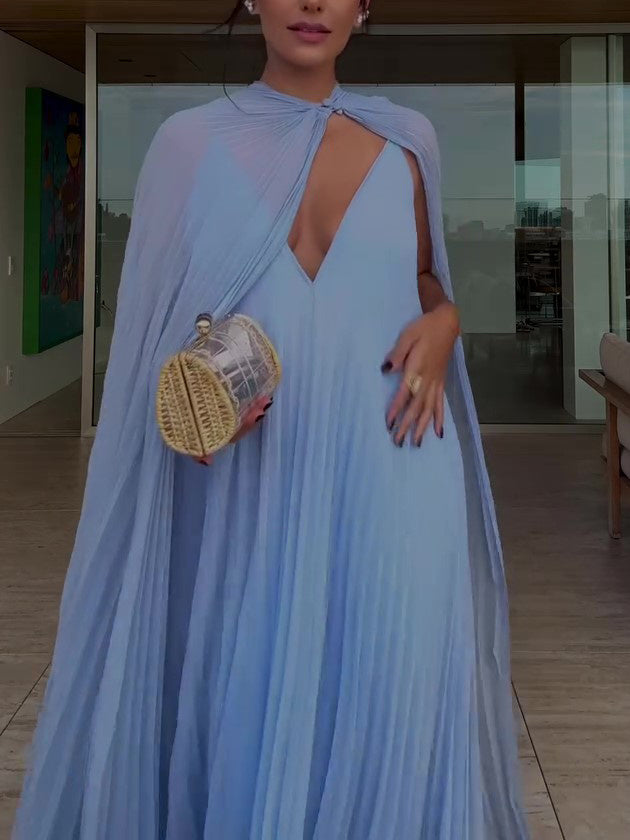 Light Blue Pleated Maxi Dress & Cape Two-piece Set