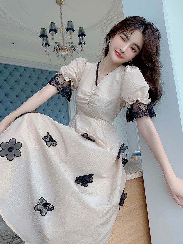 Light Luxury Temperament Puff Sleeve Dress Women New V-neck French Princess Dress Summer Slim Long Skirt