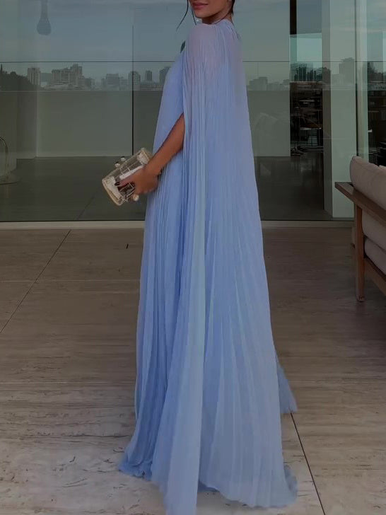 Light Blue Pleated Maxi Dress & Cape Two-piece Set