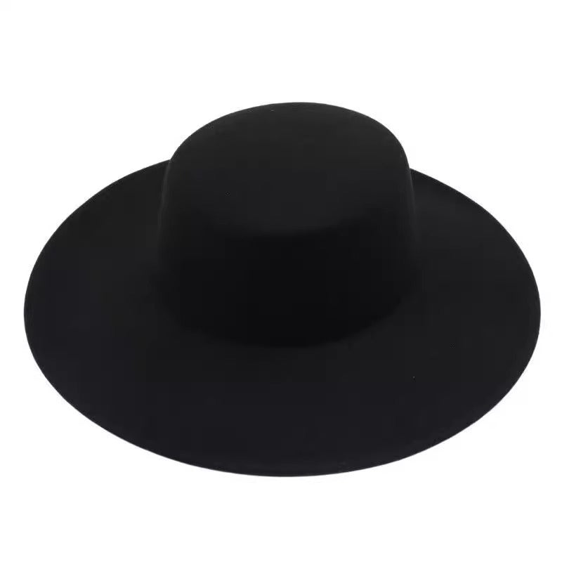 Flat Top Woolen Hat Big Brim Fedora Hat Hepburn Style