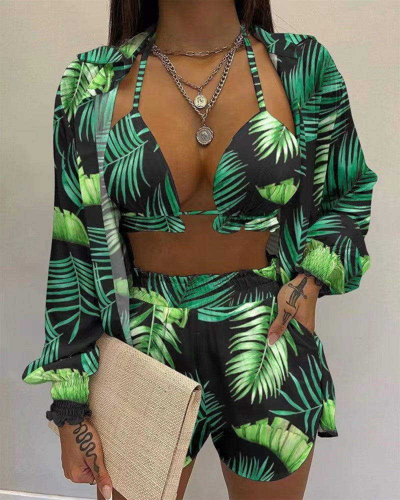 3pcs Print Beach Suits Wtih Lapel Long Sleeve Shirt Sexy Bra And Elastic Shorts Fashion Printed Set Clothing For Women