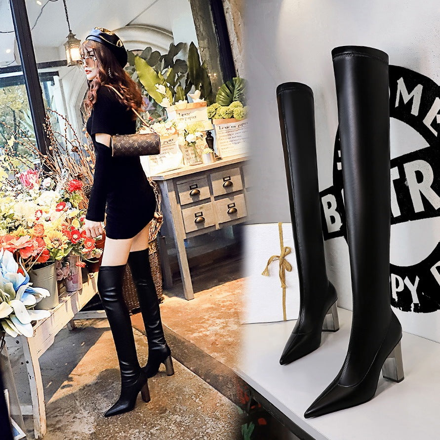 Women Thigh High Shoes  Pointed Toe  Over Knee Boots Square Heels