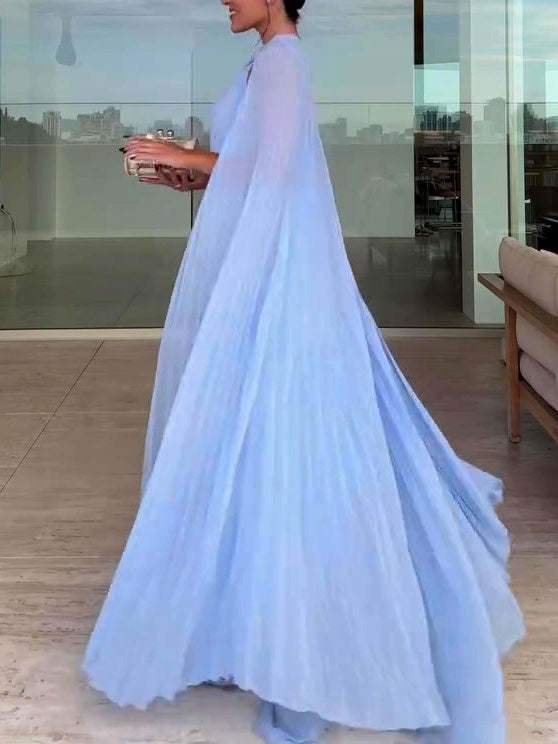 Light Blue Pleated Maxi Dress & Cape Two-piece Set