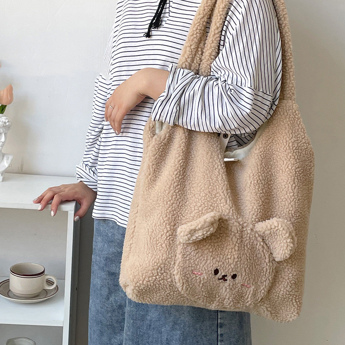 Personalized Bag For Women 3D Cartoon Bear Lamb Wool Shoulder Bag Winter High Capacity Daily Shopping Bags Girls College Style Handbags